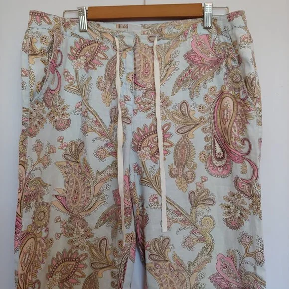 Tommy Hilfiger 100% linen pale blue, pink, gold paisley pastel crop pants SZ 10 - Picture 2 of 10